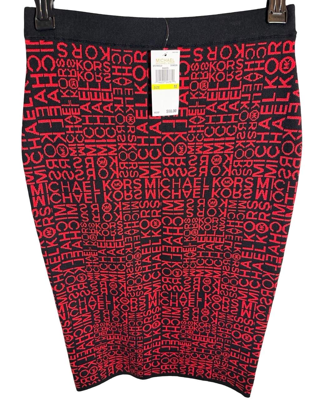 NWT MICHAEL Michael Kors Red and Black Logo Jacquard Pencil Skirt